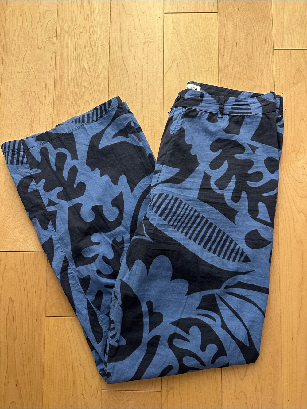 Zara Wide Leg Blue and Black Floral Hawaii Print 100% Cotton Pants Bohemian